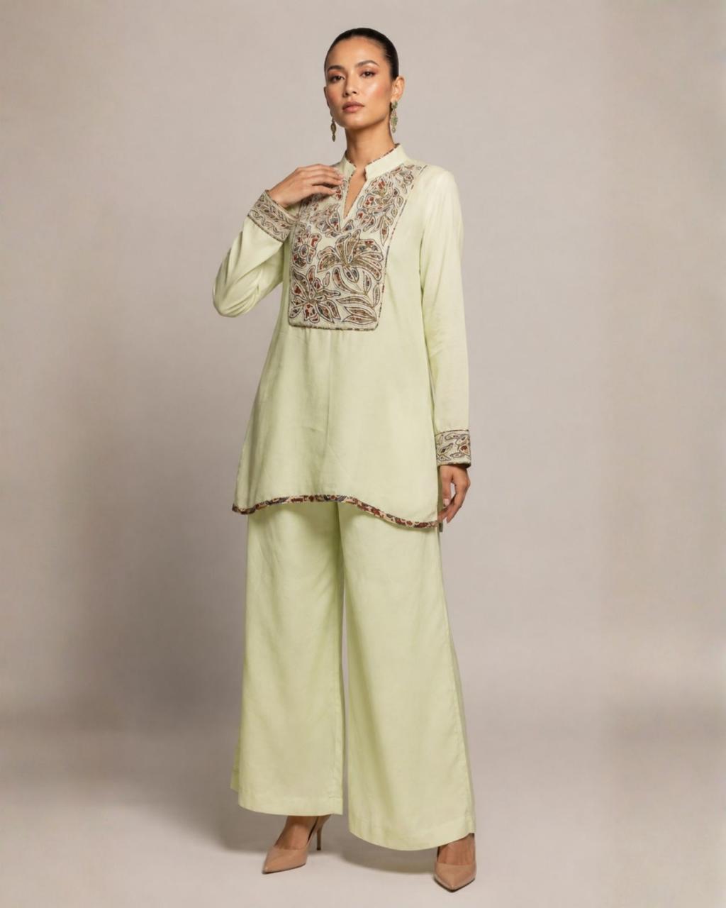 Pistachio Green Embroidered Kurta with Wide-Leg Pants Co-ord Set