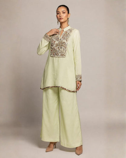 Pistachio Green Embroidered Kurta with Wide-Leg Pants Co-ord Set
