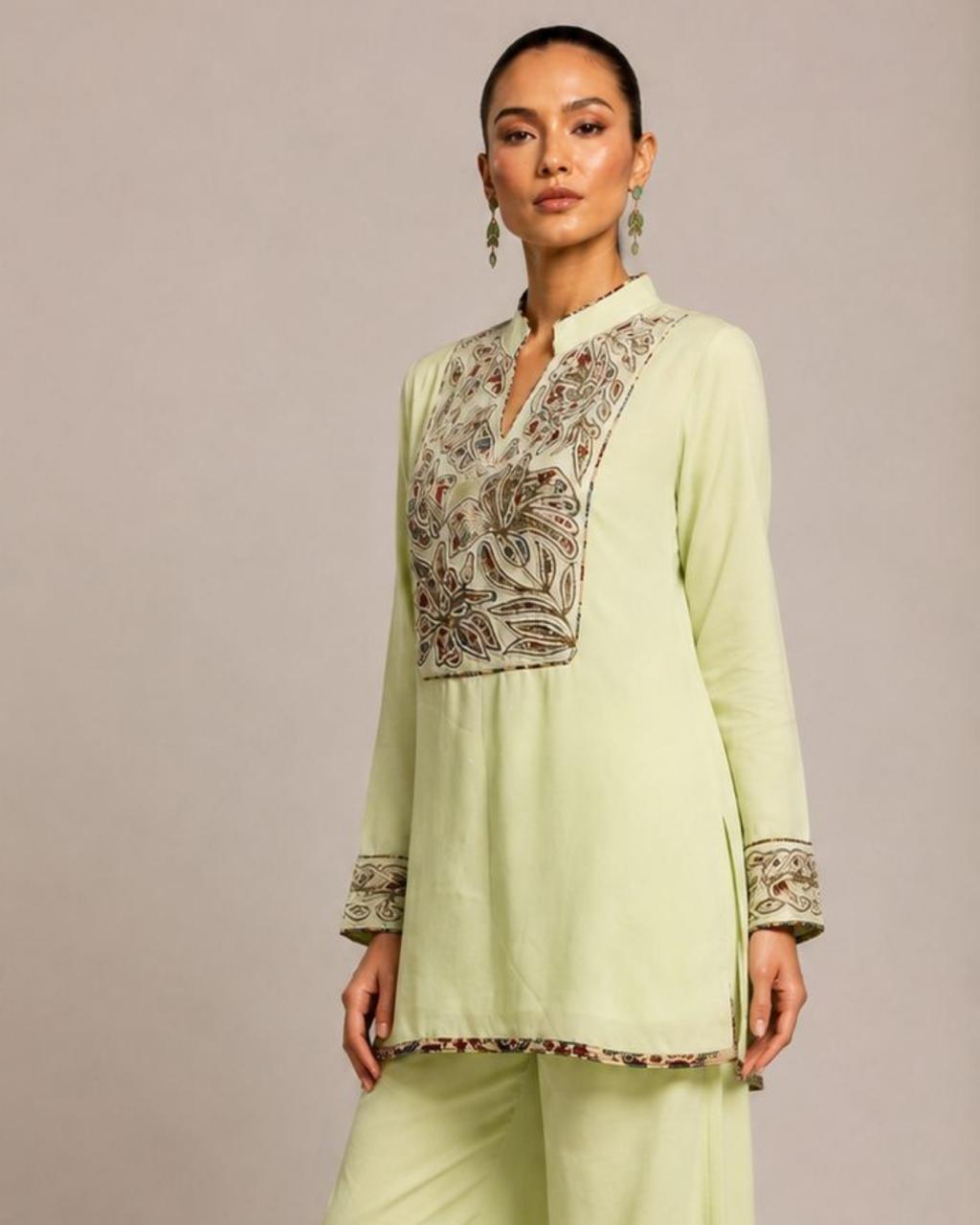 Pistachio Green Embroidered Kurta with Wide-Leg Pants Co-ord Set