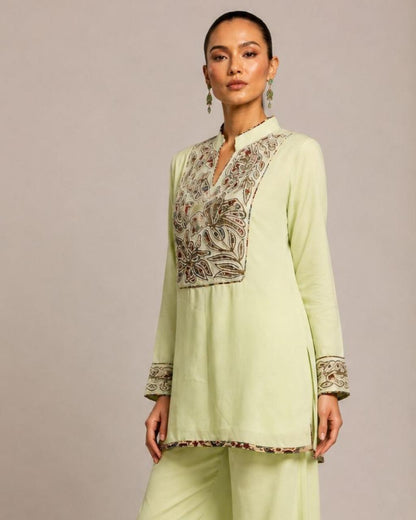 Pistachio Green Embroidered Kurta with Wide-Leg Pants Co-ord Set
