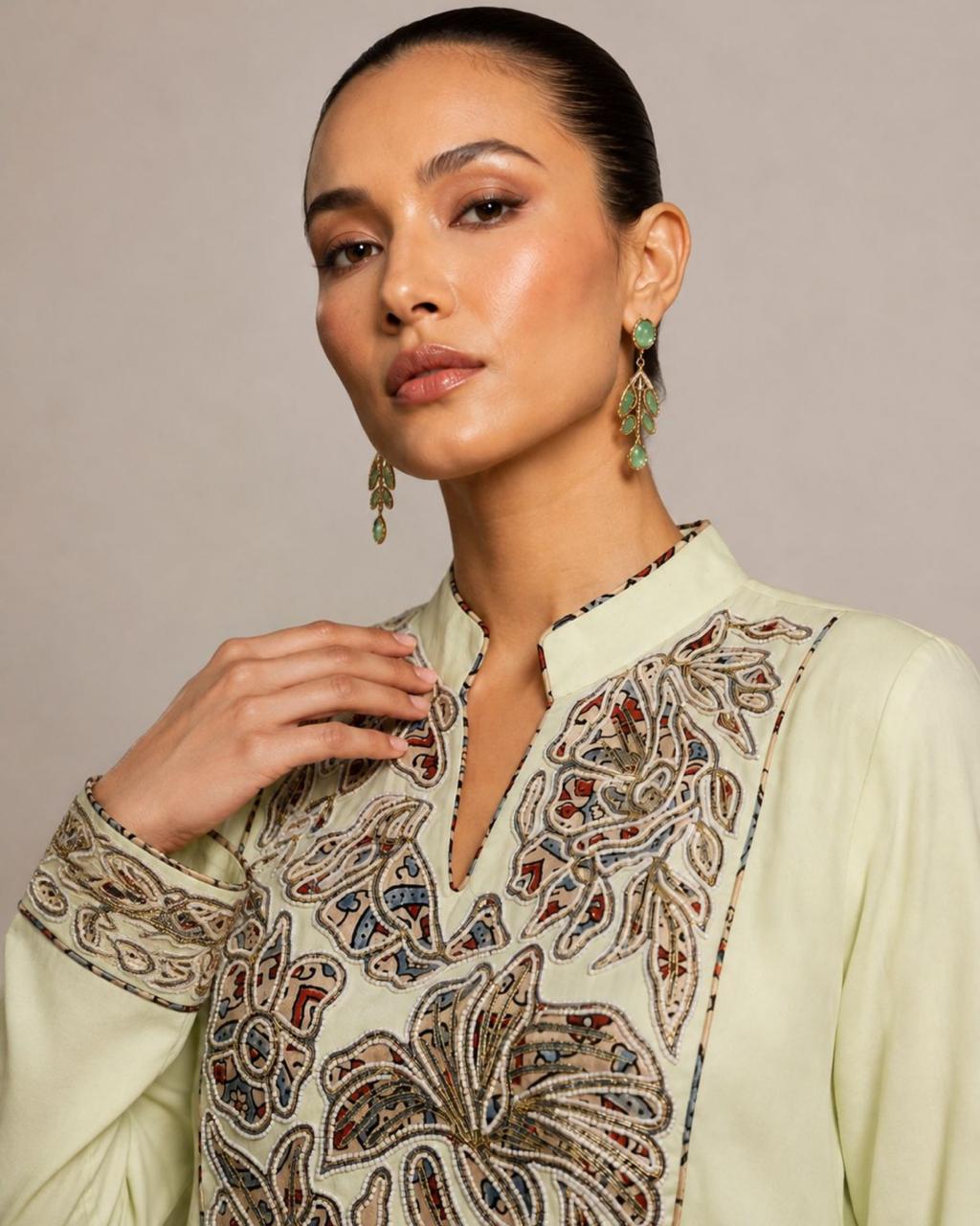 Pistachio Green Embroidered Kurta with Wide-Leg Pants Co-ord Set