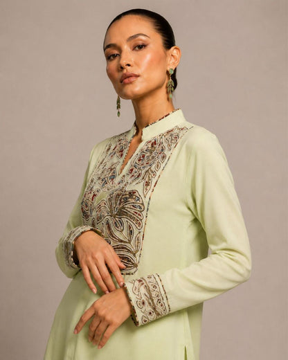 Pistachio Green Embroidered Kurta with Wide-Leg Pants Co-ord Set