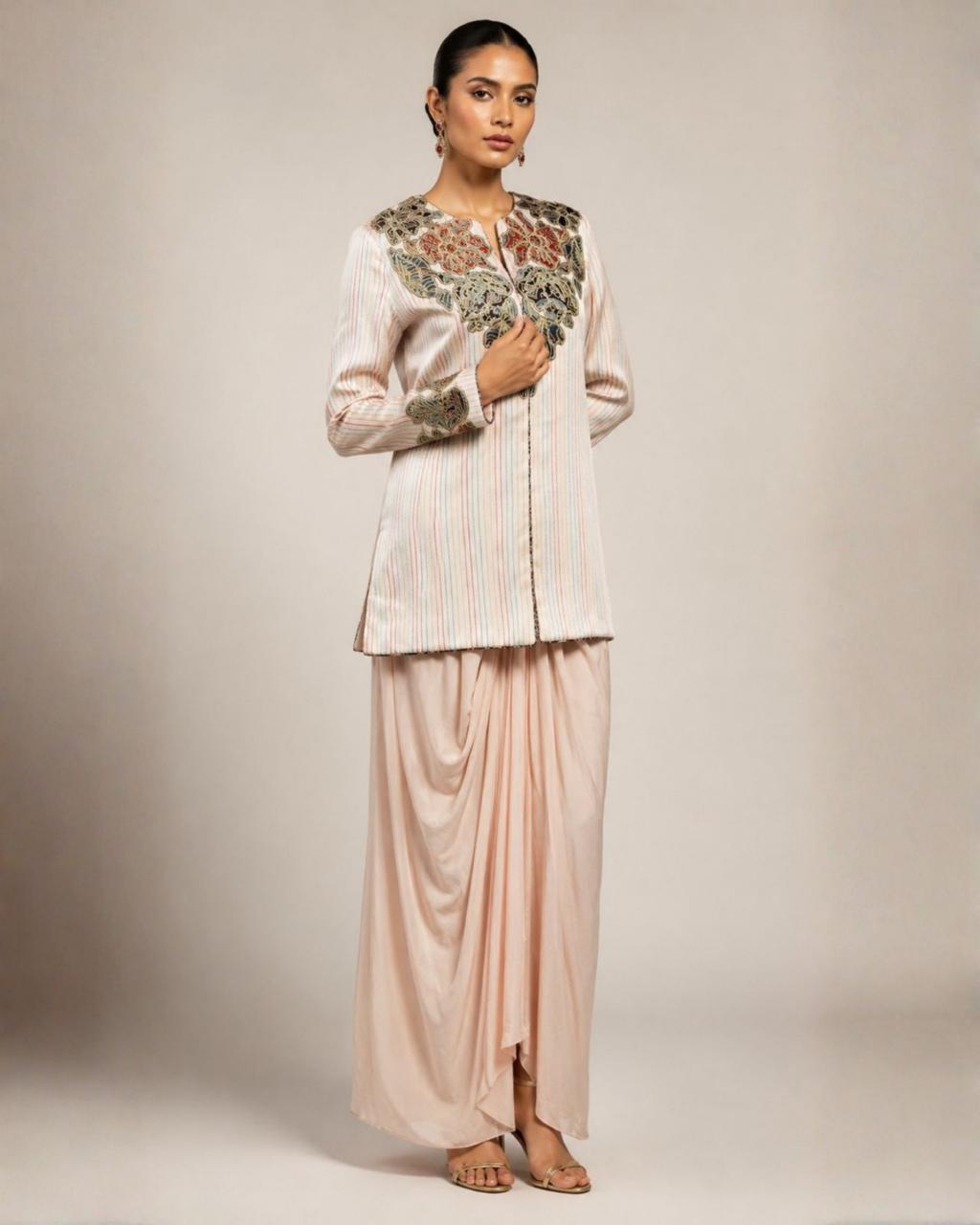 Ivory Embroidered Jacket with Draped Skirt Co-ord Set