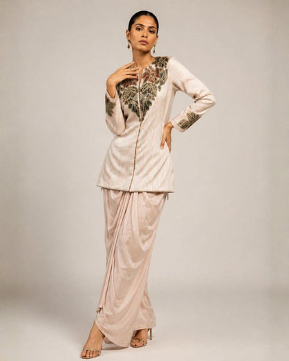 Ivory Embroidered Jacket with Draped Skirt Co-ord Set