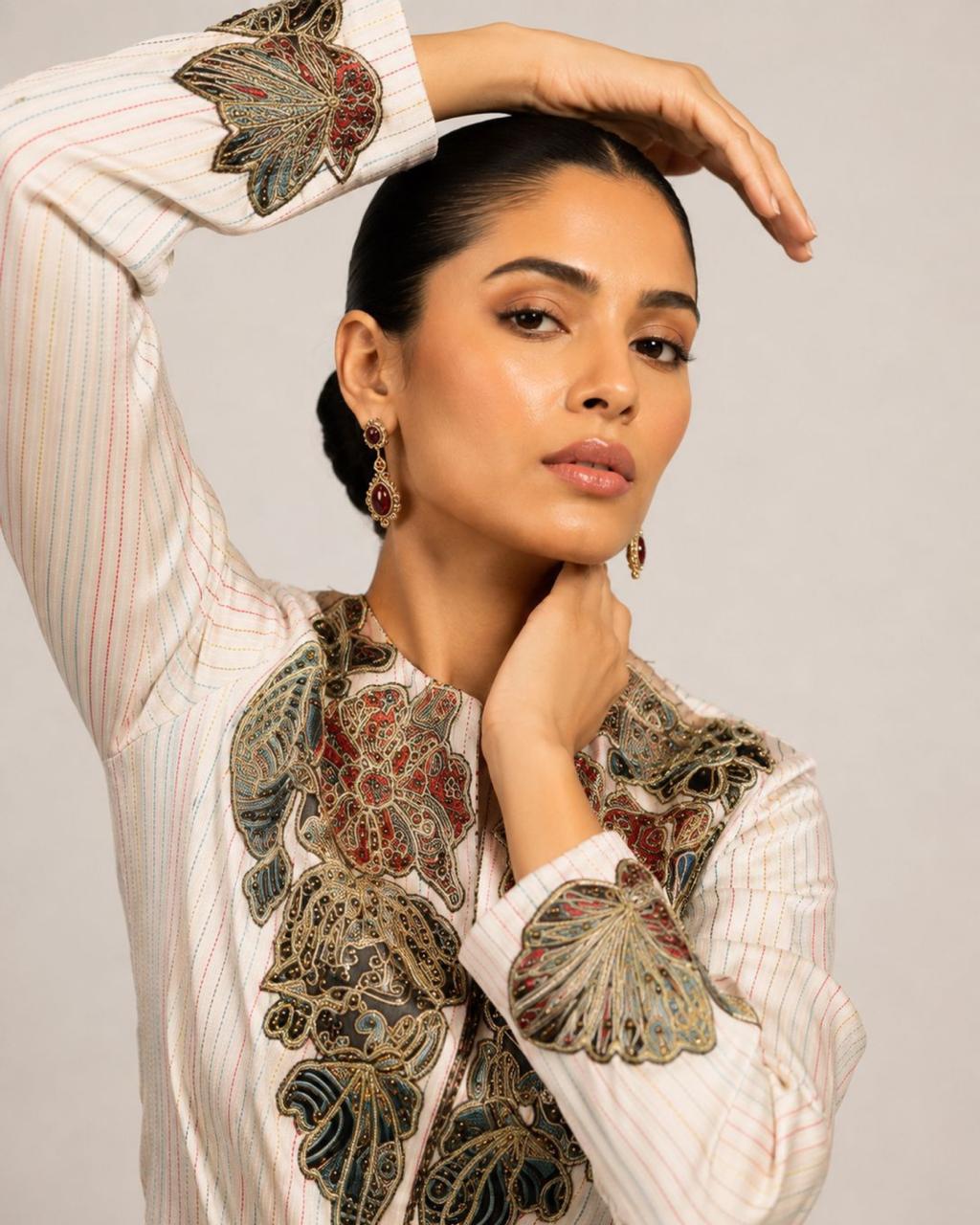 Ivory Embroidered Jacket with Draped Skirt Co-ord Set