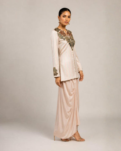 Ivory Embroidered Jacket with Draped Skirt Co-ord Set