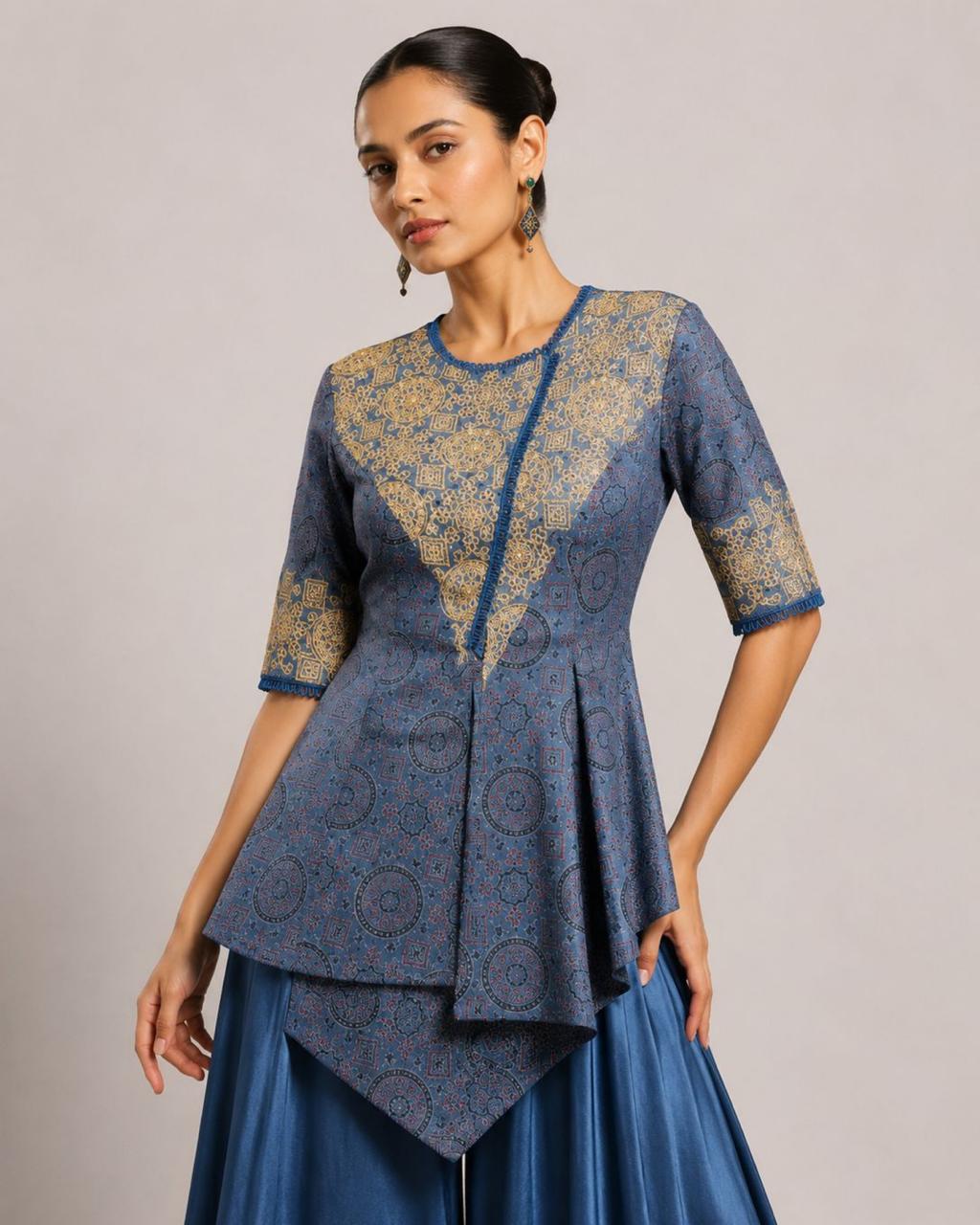 Blue Heritage Print Asymmetric Co-Ord Set