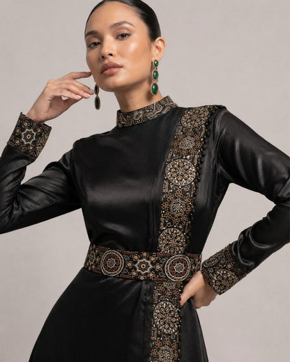 Black Embroidered Satin A-Line Maxi Dress