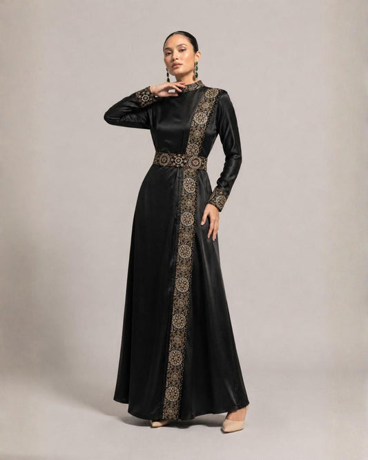 Black Embroidered Satin A-Line Maxi Dress