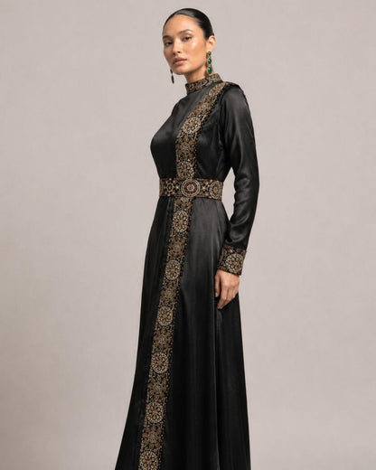 Black Embroidered Satin A-Line Maxi Dress