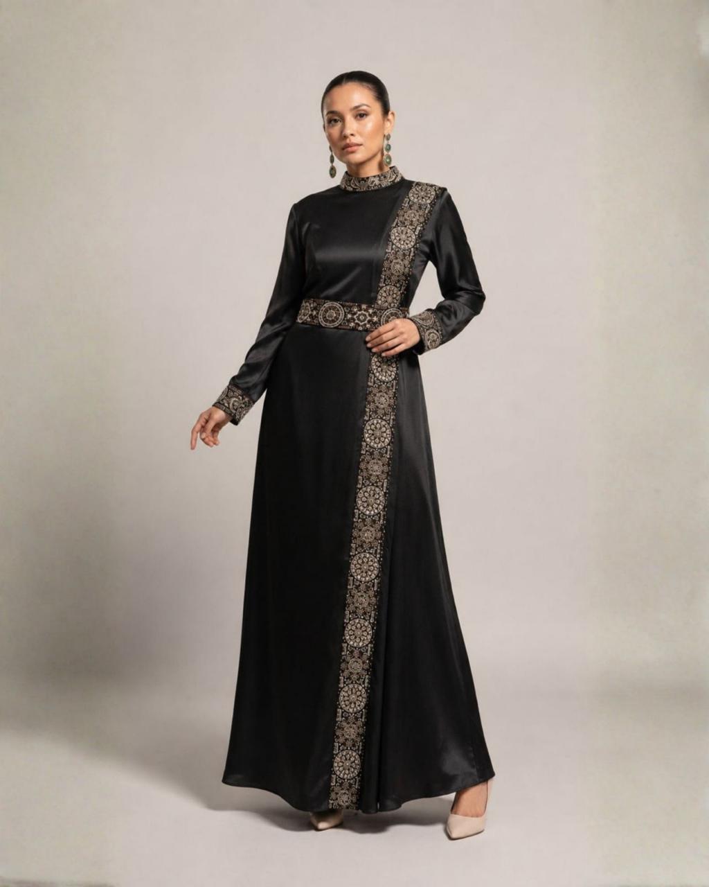 Black Embroidered Satin A-Line Maxi Dress