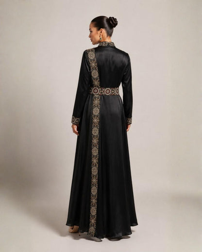 Black Embroidered Satin A-Line Maxi Dress