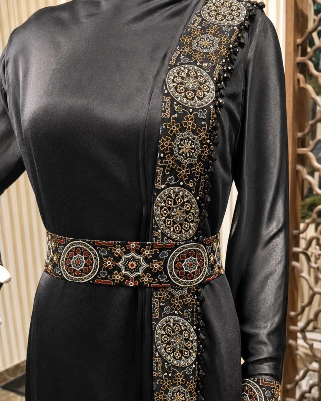 Black Embroidered Satin A-Line Maxi Dress