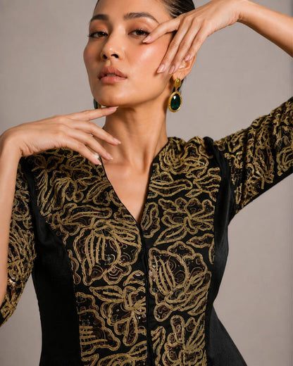Black Embroidered Peplum Co-Ord Set