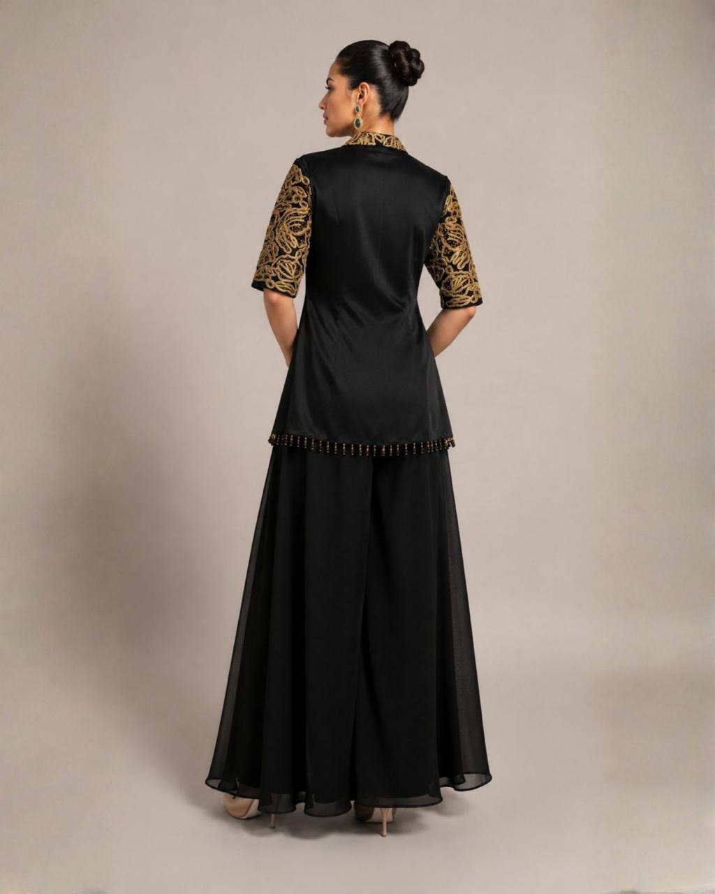 Black Embroidered Peplum Co-Ord Set