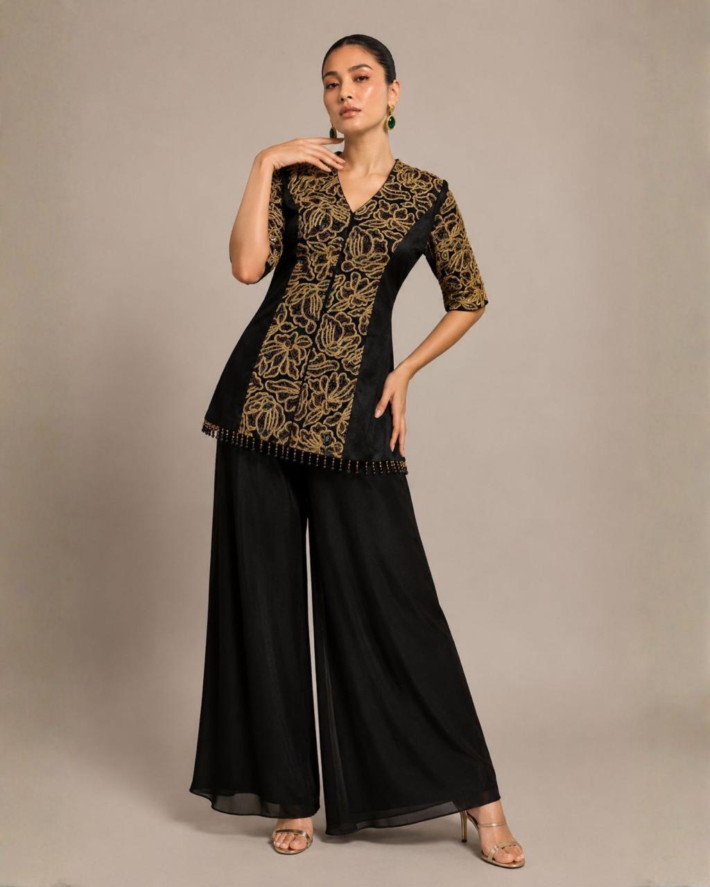 Black Embroidered Peplum Co-Ord Set