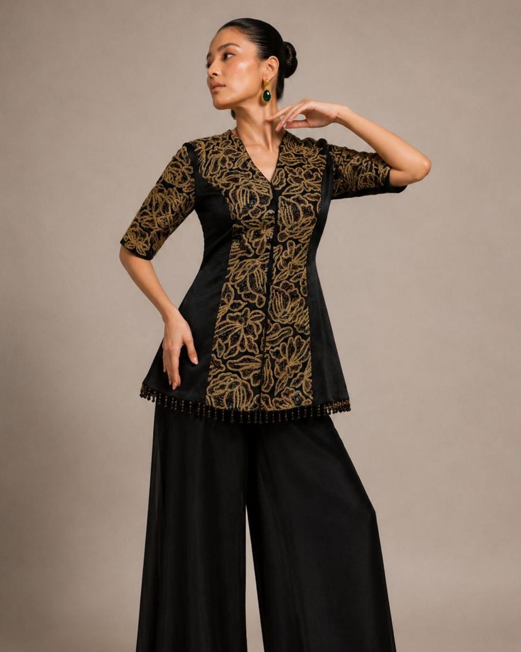 Black Embroidered Peplum Co-Ord Set