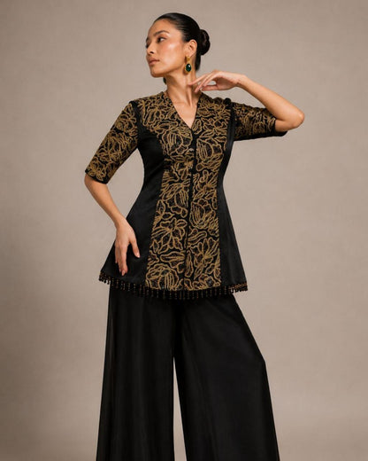 Black Embroidered Peplum Co-Ord Set