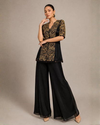 Black Embroidered Peplum Co-Ord Set