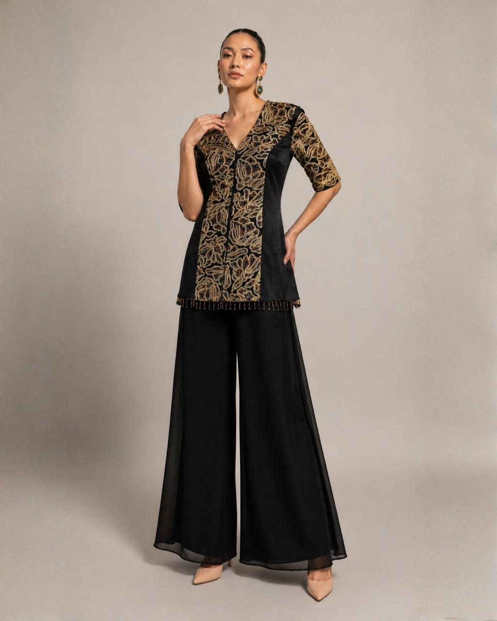 Black Embroidered Peplum Co-Ord Set