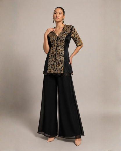 Black Embroidered Peplum Co-Ord Set