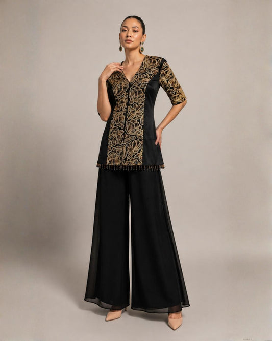 Black Embroidered Peplum Co-Ord Set