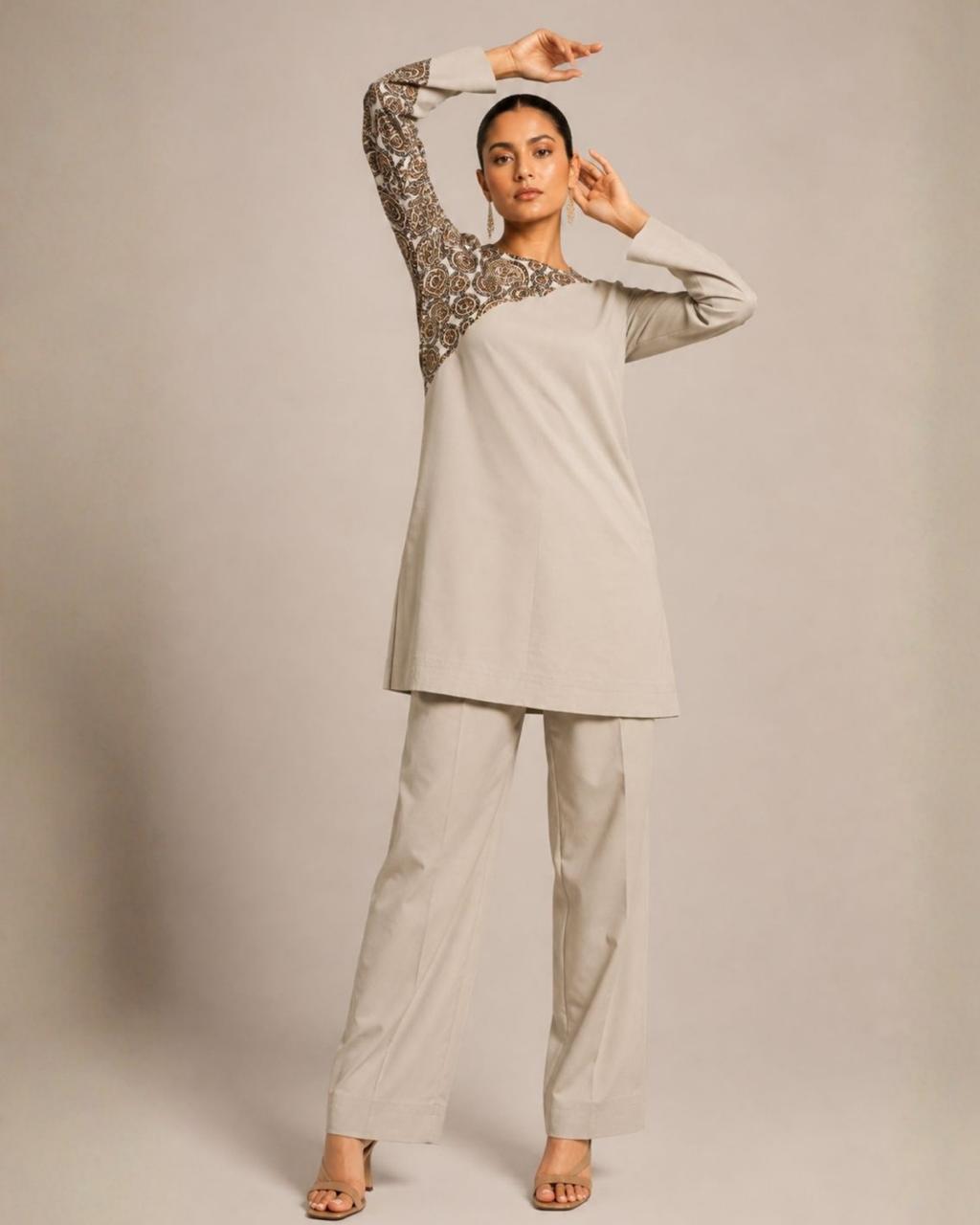 Grey Printed Yoke Co-Ord Set