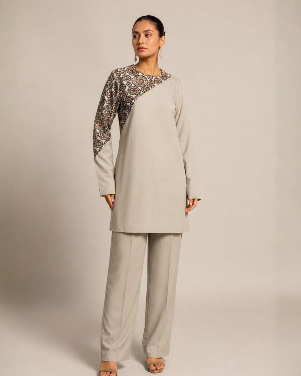 Grey Printed Yoke Co-Ord Set