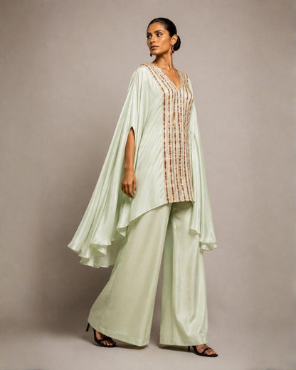 Mint Green Embroidered Cape Co-Ord Set