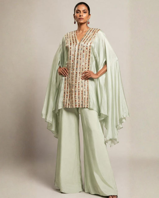 Mint Green Embroidered Cape Co-Ord Set