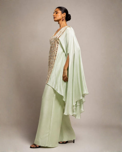 Mint Green Embroidered Cape Co-Ord Set