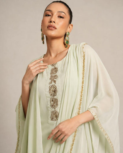 Mint Green Embellished Kaftan Co-Ord Set with Draped Dupatta
