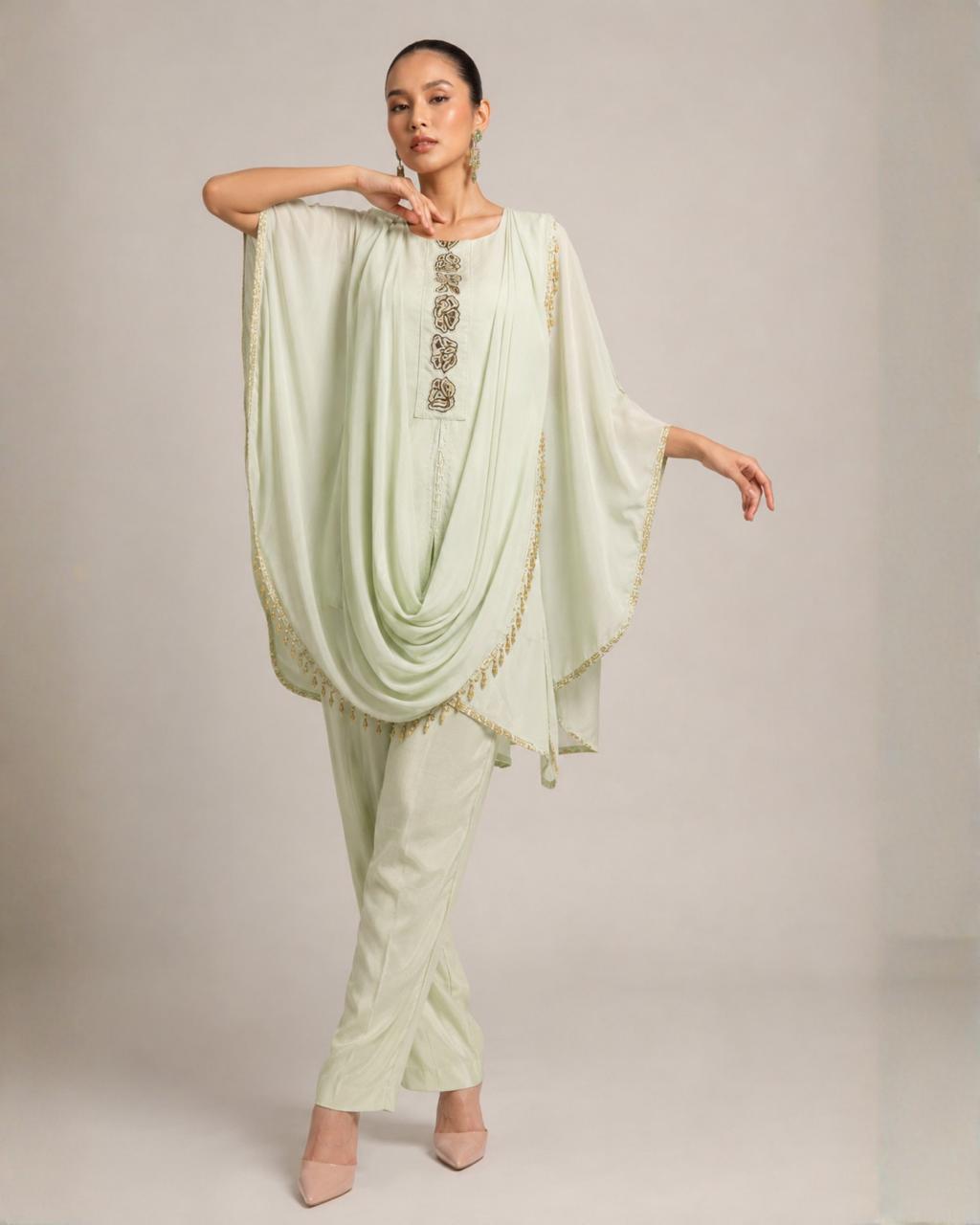 Mint Green Embellished Kaftan Co-Ord Set with Draped Dupatta