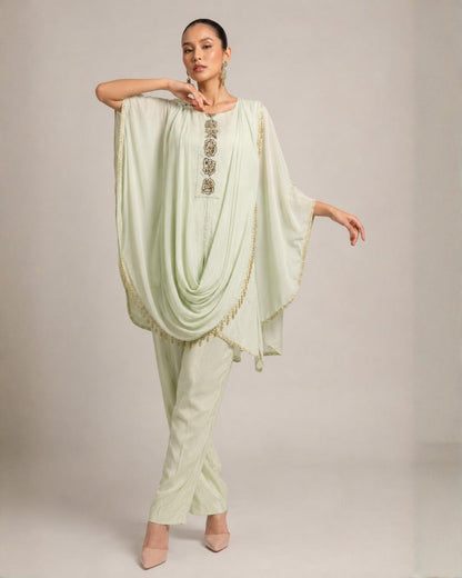 Mint Green Embellished Kaftan Co-Ord Set with Draped Dupatta