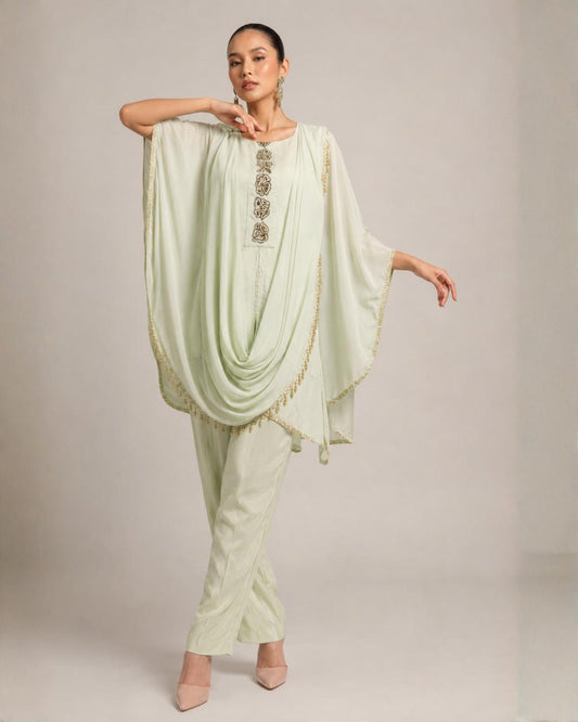 Mint Green Embellished Kaftan Co-Ord Set with Draped Dupatta