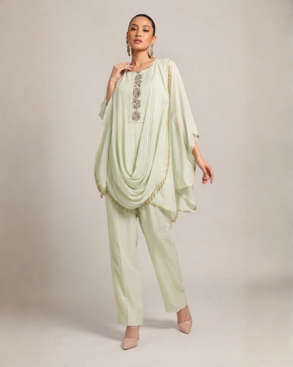 Mint Green Embellished Kaftan Co-Ord Set with Draped Dupatta