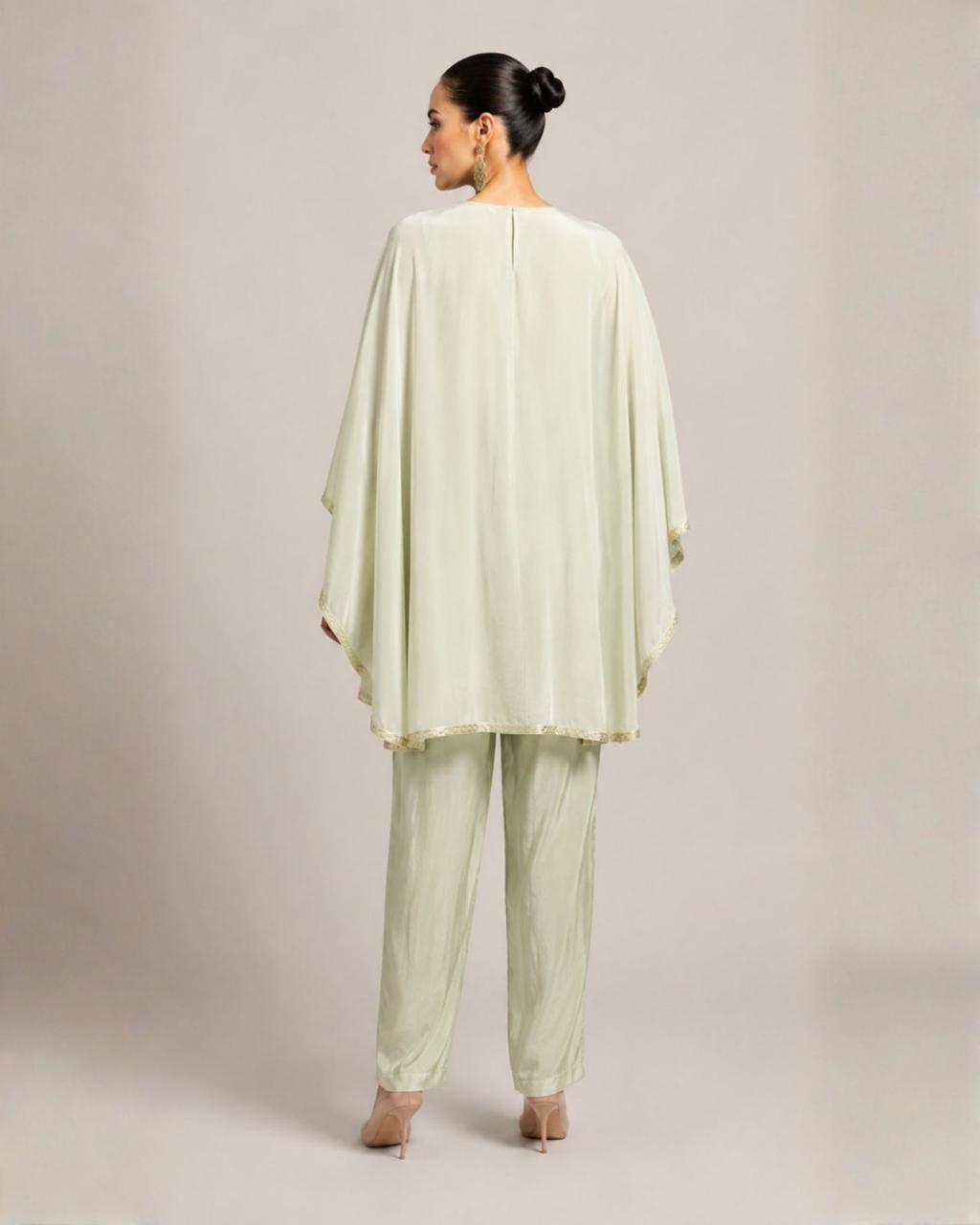 Mint Green Embellished Kaftan Co-Ord Set with Draped Dupatta