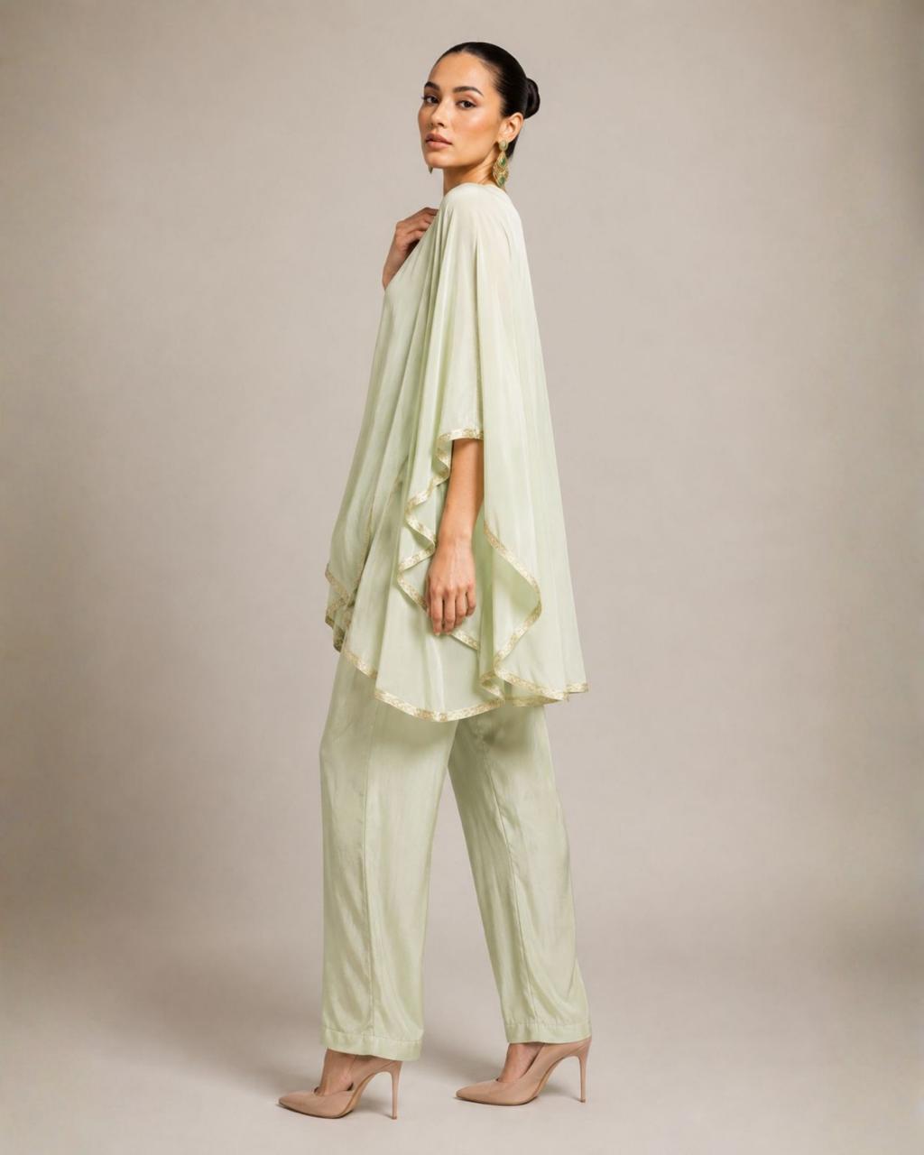 Mint Green Embellished Kaftan Co-Ord Set with Draped Dupatta