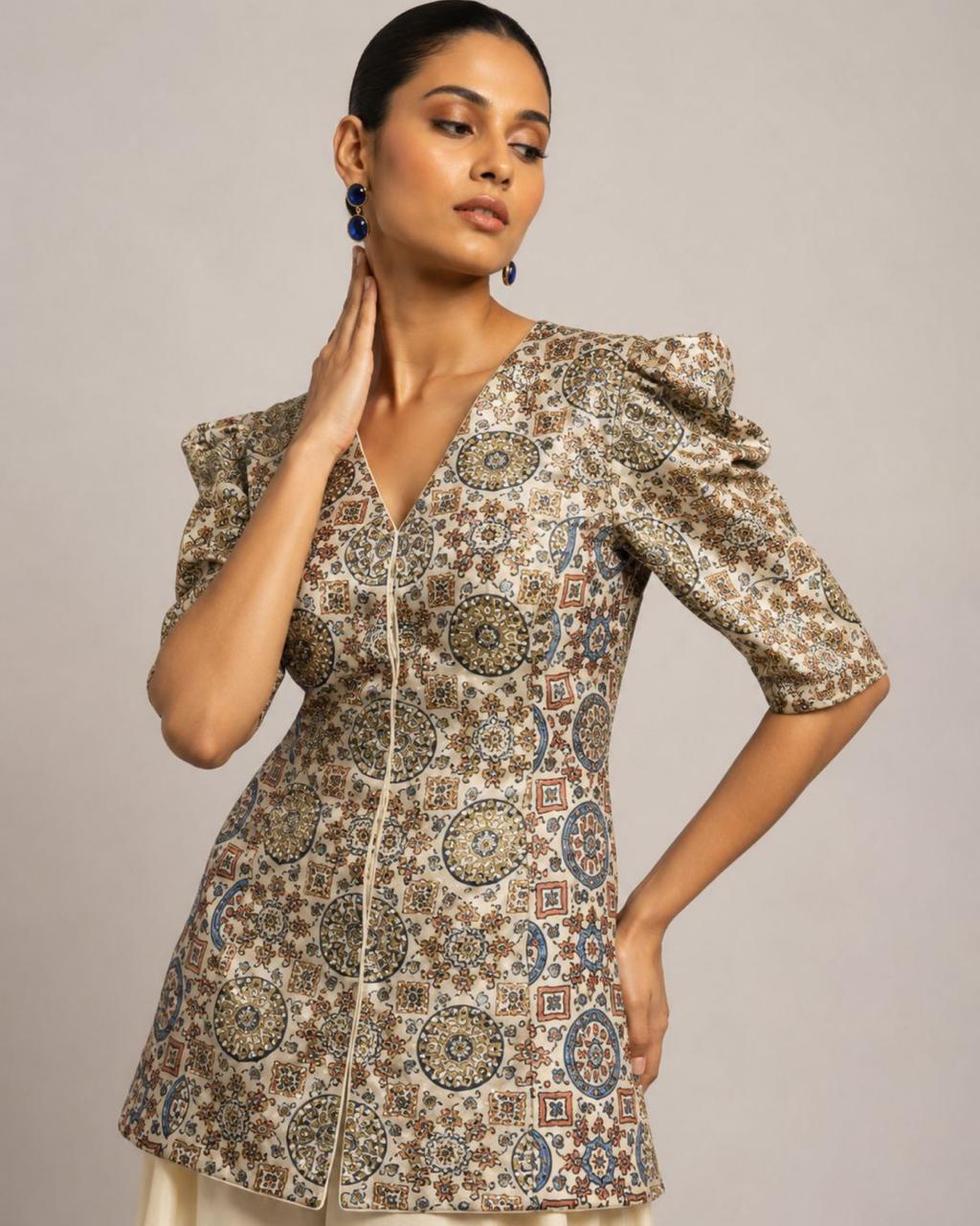 Ivory Mosaic Printed Peplum Co-ord Set