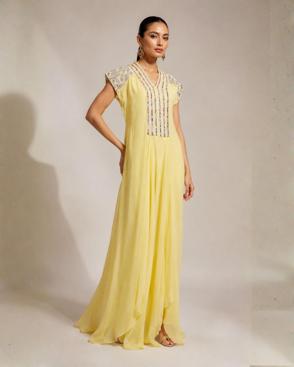 Butter Yellow Embroidered Flared Maxi Dress