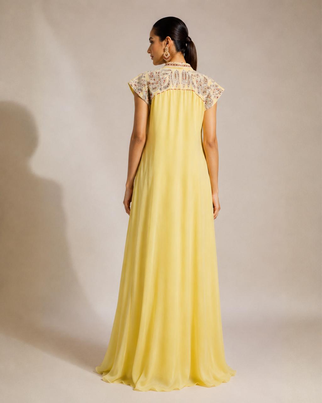 Butter Yellow Embroidered Flared Maxi Dress