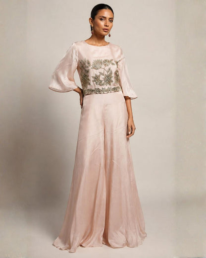 Blush Pink Embroidered Wide-Leg Jumpsuit