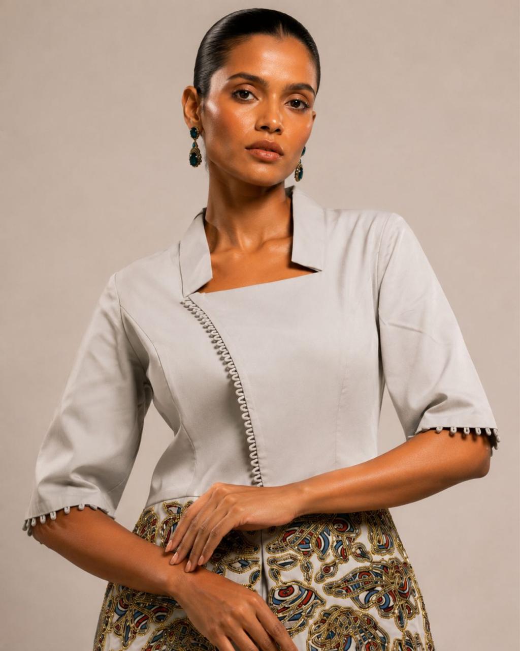 Pearl Grey Embroidered Peplum Top with Pleated Palazzo Set