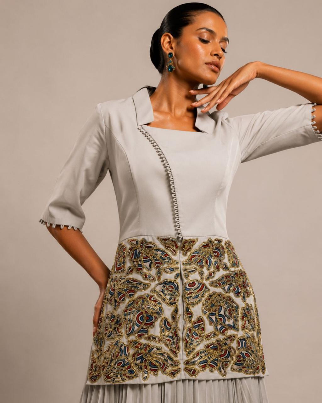 Pearl Grey Embroidered Peplum Top with Pleated Palazzo Set