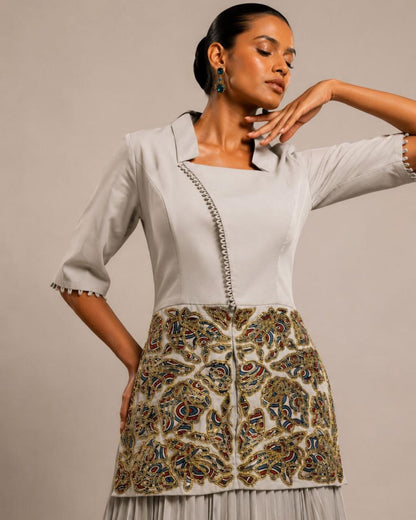 Pearl Grey Embroidered Peplum Top with Pleated Palazzo Set