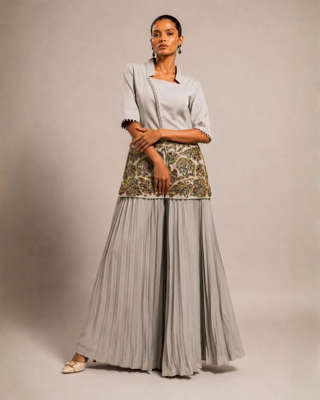 Pearl Grey Embroidered Peplum Top with Pleated Palazzo Set