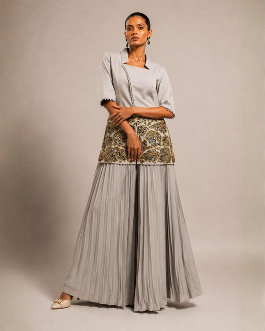 Pearl Grey Embroidered Peplum Top with Pleated Palazzo Set