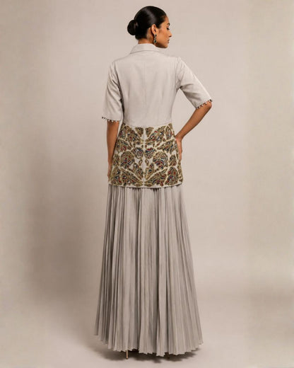 Pearl Grey Embroidered Peplum Top with Pleated Palazzo Set