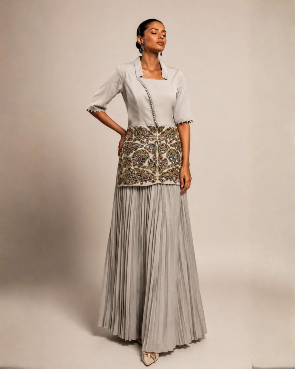 Pearl Grey Embroidered Peplum Top with Pleated Palazzo Set