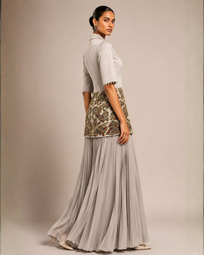 Pearl Grey Embroidered Peplum Top with Pleated Palazzo Set
